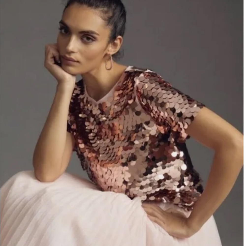 Anthropologie Rose Gold Sequin Short-Sleeve Tunic